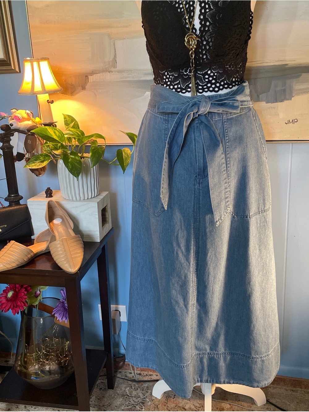 Universal Thread Medium Blue Denim Tie-Waist Maxi Skirt